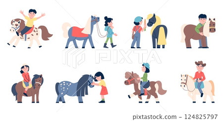Kids with little horses. Amusement park or farm, equestrian for children. Girls and boys learting ride and care for pony, recent vector scenes Kids with little horses. Amusement park or farm, equestrian for children. Girls and boys learting ride and care for pony, recent vector scenes 124825797