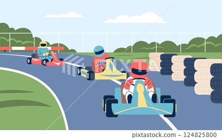 Kart championship. Racers on track, racing extreme competition or game in amusement park. Sportsmae in uniform and helmets, drivers recent vector scene 124825800