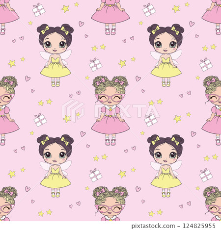Childish seamless pattern with princess. Creative vector childish background for fabric, textile Childish seamless pattern with princess. Creative vector childish background for fabric, textile 124825955