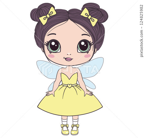 Hand drawn beautiful cute little fairy girl with wings and flowers. Hand drawn beautiful cute little fairy girl with wings and flowers. 124825982