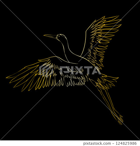 An illustration of a crane in flight on a plain black background. The crane is depicted with elegant, elongated wings An illustration of a crane in flight on a plain black background. The crane is depicted with elegant, elongated wings 124825986