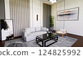 Modern Grey Sofa Living Room Interior with Wooden Accents 3D Render Modern Grey Sofa Living Room Interior with Wooden Accents 3D Render 124825992