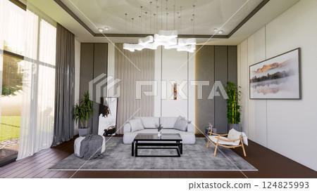 Modern Gray And Light Wood Living Room Interior 3D Render 124825993