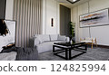 Modern Gray Living Room Interior with Wooden Paneling 3D Render Modern Gray Living Room Interior with Wooden Paneling 3D Render 124825994