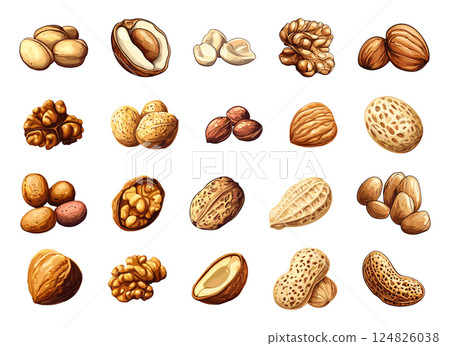 Walnut Peanut Hazelnut Almond Nuts Set Cartoon Style Nutty Snacks Healthy Food Natural Ingredients Nut Varieties Snack Foods Organic Nuts Nut Collection Illustrated Nuts 124826038