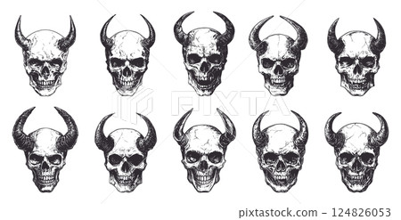 Skull with Horns Icons Set Black and White Linocut Print Style Gothic Symbol Animal Skull Vintage Illustration Tribal Artwork Monochrome Art Horned Skull Mystical Design Graphic 124826053