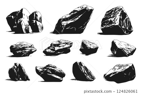 Natural Rocks Icons Set Black and White Linocut Print Style Geology Stones Minerals Landscape Nature Illustrations Earth Icons Rough Textures Rock Formations 124826061