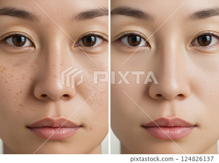 美顏效果前後對比，捕捉瑕疵和毛孔的變化（AI 產生的影像） 124826137