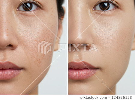 美顏效果前後對比,捕捉瑕疵和毛孔的變化(AI 產生的影像) 美顏效果前後對比,捕捉瑕疵和毛孔的變化(AI 產生的影像) 124826138