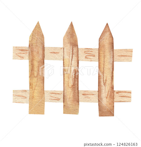 Wooden fence. Watercolor illustration, hand drawn, isolated on a white background. Fence for rural areas, houses, villas, farm decor, vegetable garden. Border made of wooden boards. For design, print 124826163