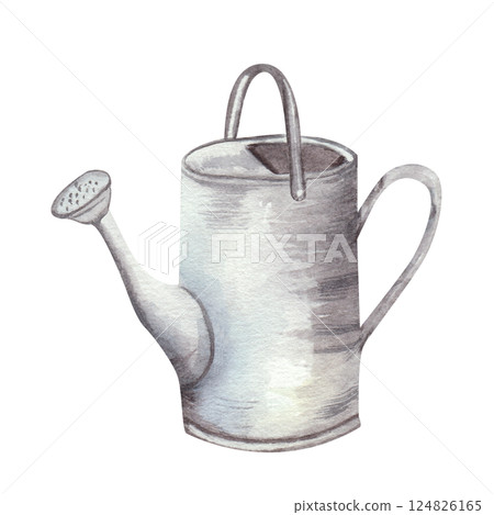 Metal watering can for watering plants. Gardening tools, hand drawn in watercolor, isolated on a white background. Illustration in vintage style. Water container Metal watering can for watering plants. Gardening tools, hand drawn in watercolor, isolated on a white background. Illustration in vintage style. Water container 124826165