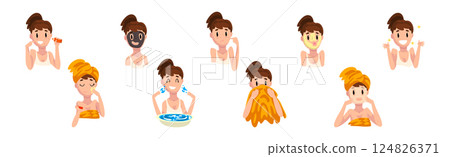 Woman Character Enjoy Everyday Skin Care Routine Vector Set 124826371