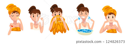 Woman Character Enjoy Everyday Skin Care Routine Vector Set Woman Character Enjoy Everyday Skin Care Routine Vector Set 124826373