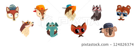 Cute Animal Heads Wearing Stylish Headgears and Sunglasses Vector Set 124826374