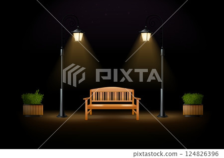 Night street bench. Realistic wooden bench vintage lamppost, city evening park street walkway urban alley film scene lamp pole luminous lantern background exact vector illustration 124826396