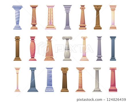 Cartoon roman pillars. Ancient marble stone columns, antique palace old rome greek architecture carving pillar for medieval temple facade decoration set, swanky vector illustration 124826439
