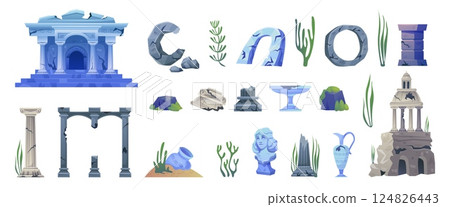 Atlantis ruin. Underwater lost city sunken old town ruins ancient building ruined monument on ocean bottom undersea broken column, adventure sea game set swanky vector illustration 124826443