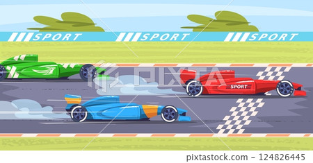 F1 race track. Racetrack finish line or start, formula one racing cars cartoon background rally motor sport speed racing auto driver racers on road, classy vector illustration 124826445