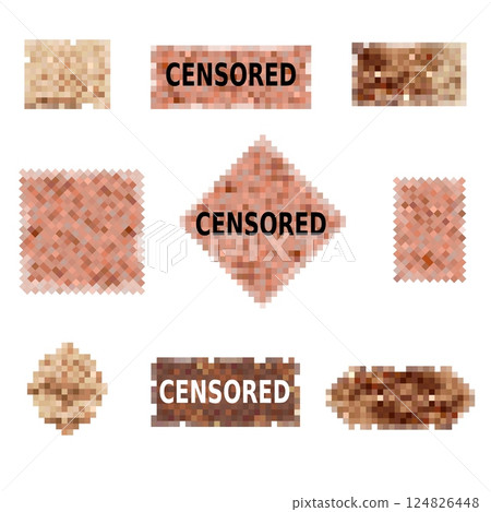 Censor blur. Censored content pixel mosaic effect screen bar, naked photo skin nudity adult video blurred face sensitive materials tv censorship signs, classy vector illustration Censor blur. Censored content pixel mosaic effect screen bar, naked photo skin nudity adult video blurred face sensitive materials tv censorship signs, classy vector illustration 124826448