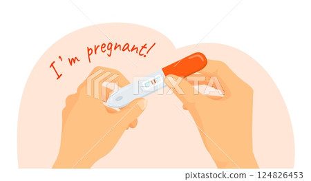 Pregnancy test in hand. Pregnant woman hands hold testing stick with positive accurate result, mother female health fertility planning cartoon feminine pharmacy vector illustration Pregnancy test in hand. Pregnant woman hands hold testing stick with positive accurate result, mother female health fertility planning cartoon feminine pharmacy vector illustration 124826453