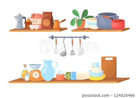 Cartoon kitchen shelf. Cooking organized shelves with kitchenware utensils, hanging cook tools restaurant interior shelfs pan bowl cup dish coffee pot cutlery vector illustration Cartoon kitchen shelf. Cooking organized shelves with kitchenware utensils, hanging cook tools restaurant interior shelfs pan bowl cup dish coffee pot cutlery vector illustration 124826466