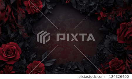 Dark floral frame with red and black roses Dark floral frame with red and black roses 124826490