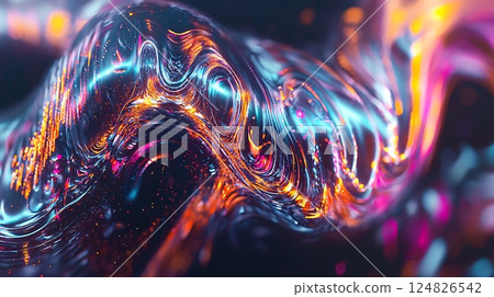 A colorful, abstract image of a wave with a metallic sheen 124826542