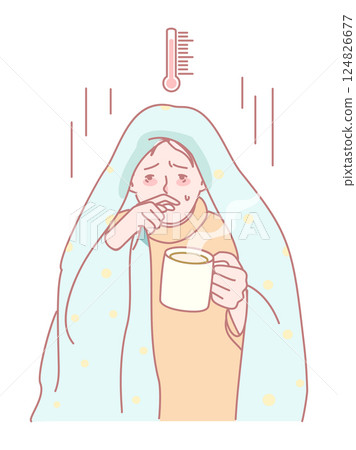Feeling Unwell A Cozy and Inviting Illustration of a Person Sick with a Warm Cup of Tea 124826677