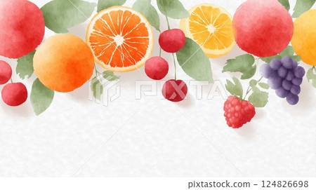 Vibrant Watercolor Fruit Arrangement with Oranges, Cherries, Grapes, and Berries on White Background 124826698