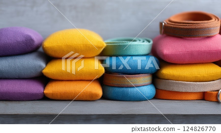 Colorful Fabric Pouches and Straps Stacked Neatly on a Light Wood Surface for Creative Projects 124826770