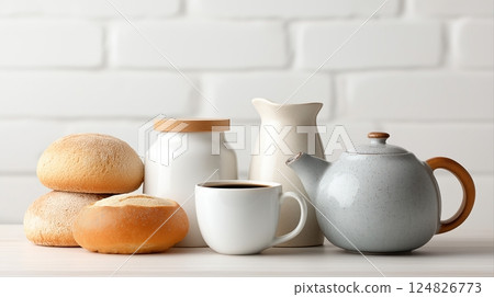 Cozy Breakfast Setting with Tea, Coffee, Rolls, Jar, and Creamer on a Light Background 124826773