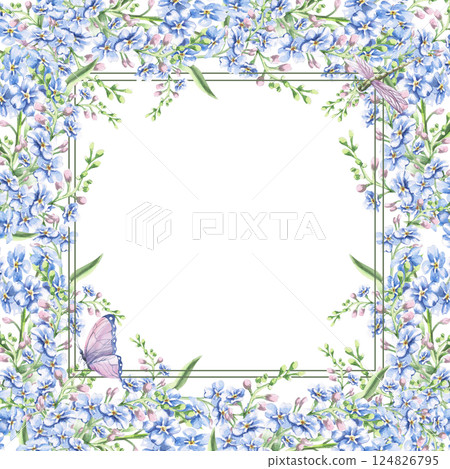 Square frame with forget-me-not flowers, dragonfly and butterfly. Isolated watercolor illustration of garden flowers for design of cosmetic products, printing on posters, clothes. 124826795