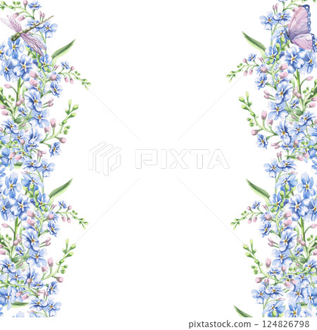 Square frame with delicate forget-me-not flowers, dragonfly and butterfly. Isolated watercolor illustration of garden flowers for design of cosmetic products, printing on posters, clothes. 124826798
