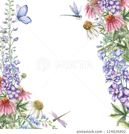 Square frame with bouquet, butterflies and dragonfly. Isolated watercolor illustration of garden flowers for design of cosmetic products, printing on posters, clothes 124826802