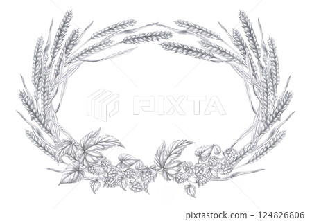 Oval wreath with rye ears and hop branches. Isolated pencil illustration on the harvest theme in a realistic style for the design of beer products, interiors and menus of bars and restaurants. 124826806
