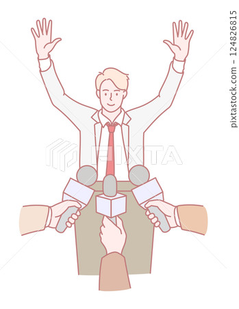 An Excited and Engaging Speaker Addressing the Media with Open Hands and Enthusiasm An Excited and Engaging Speaker Addressing the Media with Open Hands and Enthusiasm 124826815