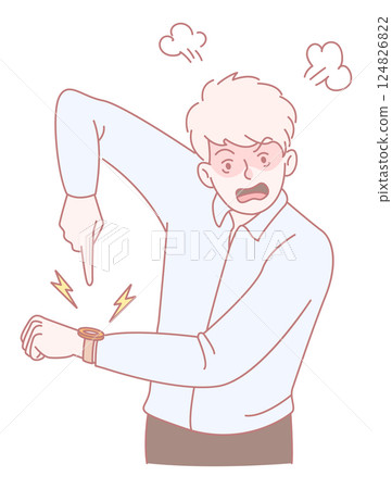 A Frustrated Man Checking the Time on His Smartwatch, Displaying Emotion and Concern A Frustrated Man Checking the Time on His Smartwatch, Displaying Emotion and Concern 124826822