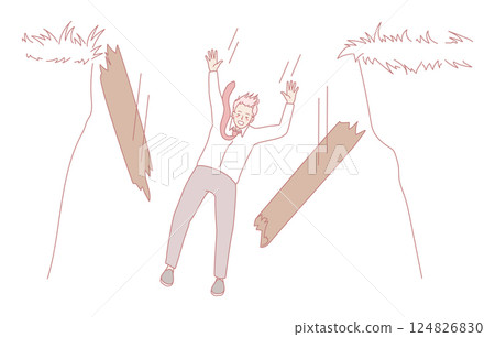 Dramatic and intense scene featuring a character facing peril under falling logs in a forest 124826830