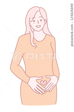 A radiant pregnant woman, creating a heartshaped gesture, symbolizes love and joy 124826849