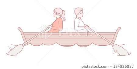 Two individuals joyfully rowing together in a small boat, enjoying their time on the water 124826853