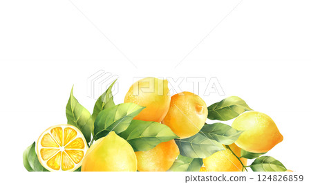Hand drawn illustration with yellow lemons fruit and green leaves. Organic healthy food 124826859