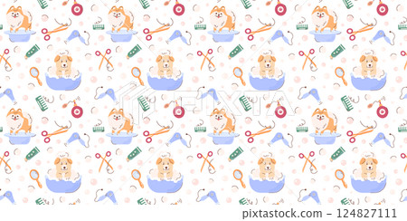 Cute seamless pattern with dogs in the bathtub, foam, soap bubbles, pet beauty salon concept, cosmetic accessories for dogs. Background for a pet grooming salon. Packaging, textiles, animal clothing. 124827111