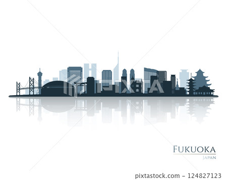 Fukuoka skyline silhouette with reflection. 124827123