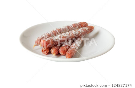 Cured salami sticks or Smoked sausage on white background. 124827174