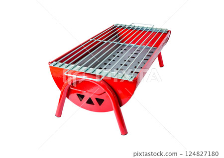 A new Red barbecue grill stove over white background. 124827180