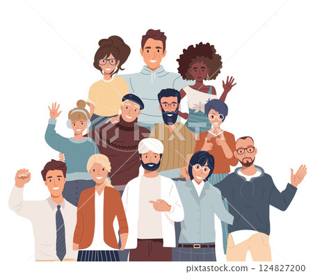 Join our team. Teamwork, cooperation, friendship concept. Multicultural team. Unity in diversity. People of different nationalities and religions cartoon characters. 124827200