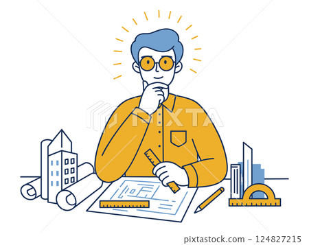 Architect working on a building design plan with tools Architect working on a building design plan with tools 124827215
