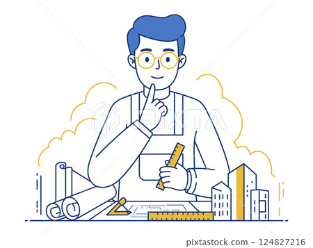 Architect working on a building design plan with tools Architect working on a building design plan with tools 124827216