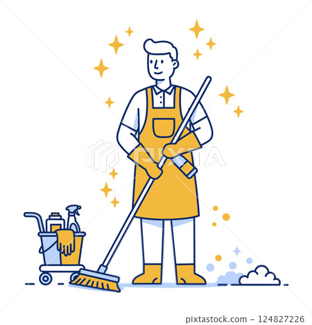 Cleaner with a Broom and Cleaning Cart 124827226