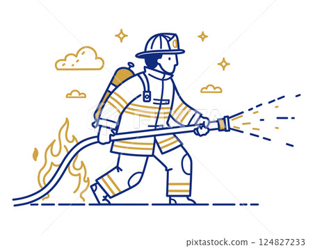 Firefighter in Action Extinguishing Flames with Water Hose Firefighter in Action Extinguishing Flames with Water Hose 124827233